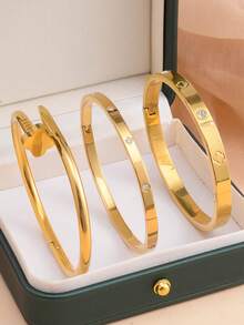 3pcs Fashion 18K Gold Plated Stainless Steel Four Leaf & Three Leaf Clover Bangle Bracelets, Suitable For Women Party, Daily Wear, European & American Style, Personalized, Generous, Luxury Cubic Zirconia Wristband, Wedding Jewelry Set, Gift For Girls, Women, Relatives, Friends, Beautiful Wedding, Birthday, Valentine's Day, Mother's Day Present - Gold - View 19
