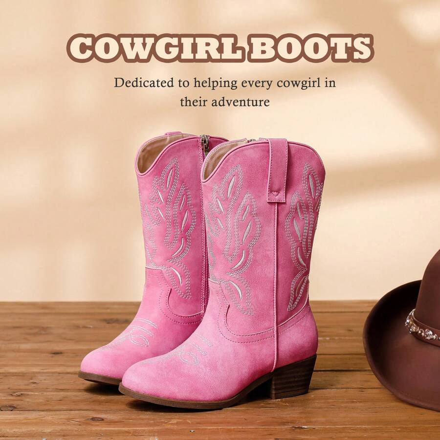 Cowgirl Boots For Little Girls Mid Calf Pointed Toe Kid Cowboy Boots Side Zipper Classic Embroidered Western Boots Horse Riding Shoes Party For Toddler Little Big Kids - 粉色 - 查看 1