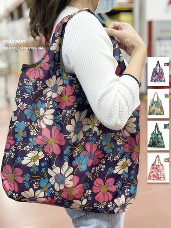 1pc Large Capacity Foldable Shopping Bag, Floral Print Tote Bag For Home Use, Creative Portable Grocery Bag
