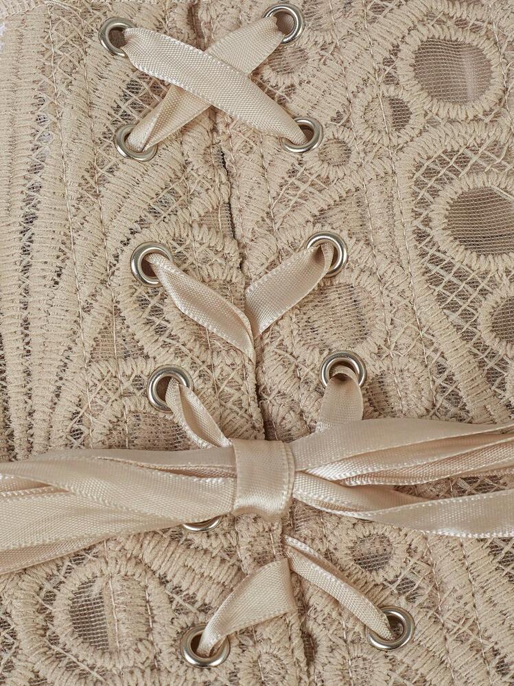 1pc Mint Green Textured Sheer Floral Lace Hollow Out Cropped Bustier Top, Suitable For Everyday Wear/Party/Wedding - Apricot - View 7