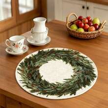 1 件/套，松枝花环图案，圆形，圣诞亚麻餐垫，14 英寸 * 14 英寸季节性厨房餐桌装饰桌布，圣诞派对装饰，家居装饰 - 綠色 - 查看 4
