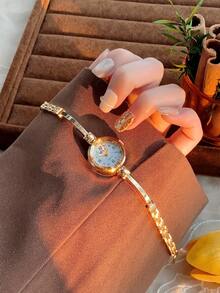 1pc Minimalist Thin Strap Women Watch, Fashionable Elegant Gold Chain Style Bracelet Watch, Suitable For Daily Decoration
