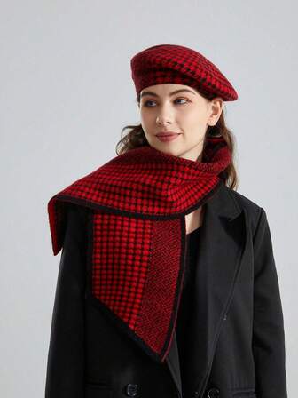 LEAJOURNO. 1 Set New Houndstooth Cashmere Beret & Scarf Set, 100% Cashmere Scarf And Beret