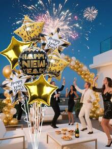 kumozawa 7pcs/Set New Year Decorative Foil Balloons, Black & Gold Star & Round Balloons With "Happy New Year" Print, Suitable For New Year Party Decoration, 2026 New Year Gala Decoration Balloons - Multicolor - View 3