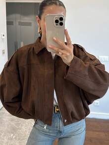 Women's Green Bomber Jacket, Faux Suede Loose Fit Jacket, Winter/Transitional Season - Khaki - View 2