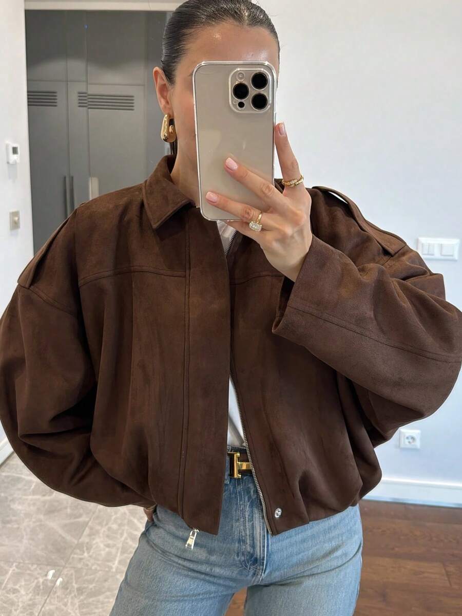 Women's Green Bomber Jacket, Faux Suede Loose Fit Jacket, Winter/Transitional Season Spring - Khaki - View 1