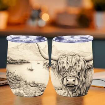 1 12oz Highland Cow Travel Mug With Scottish Countryside Landscape Pattern - Double-Wall Insulation Design And Leak-Proof Lid Keep Coffee Hot Or Cold For A Long Time, Perfect Gift For Women, Suitable For Christmas, Valentine's Day, Farmhouse Kitchen And Office Use - Elegant Monochrome Highland Cow Pattern, Reusable Beverage Container, Exquisite Scenery Illustration, High-Quality Craftsmanship, A Must-Have For Coffee Lovers.