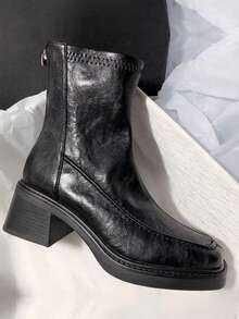 秋冬弹力踝靴，新款通勤风格皮革方头粗跟后拉链紧身靴，优雅 - 黑色 - 查看 4