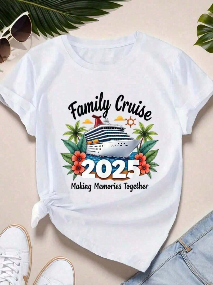 Summer Outfits 2026Valentine Outfits For WomenWhite Tops, Family Cruise 2026 Vacation Trip Family Matching Cruise Ship Gift Tees T-Shirt, Women's Round Neck Short Sleeve T-Shirt Fashion Graphic Tees Women TopLoose And Comfortablevalentine's Day Benito BowlCasual Daily Wearperfect For St Pattys Day Outfit,Summer Outfits For Women,Vacation Outfits Women - 白色 - 查看 1