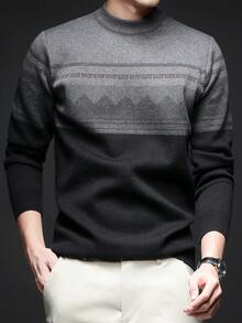 Jersey de cuello redondo grueso para hombre, suéter de punto jacquard de estilo casual de negocios de manga larga, adecuado para usar en capas o como prenda exterior, con estampado de cuadros y rayas, para otoño/invierno