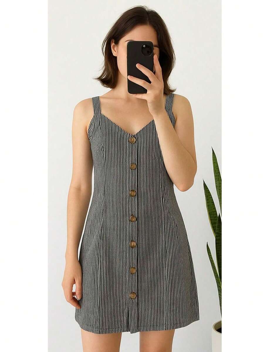 Vestido corto de tirantes con botones frontales decorativos, ideal para un look fresco y juvenil. diseño en tela ligera con rayas - Negro - Ver 1