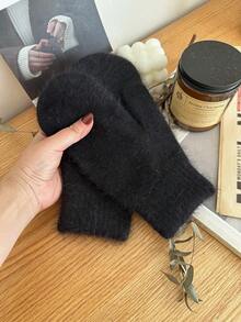 1 Pair Women's Solid Color Rabbit Thermal Lined Double-Layer Thick Knitted Fingerless Gloves, Suitable For Parties, Driving, Cycling, Hiking, Running, Keeping Warm In Cold Weather