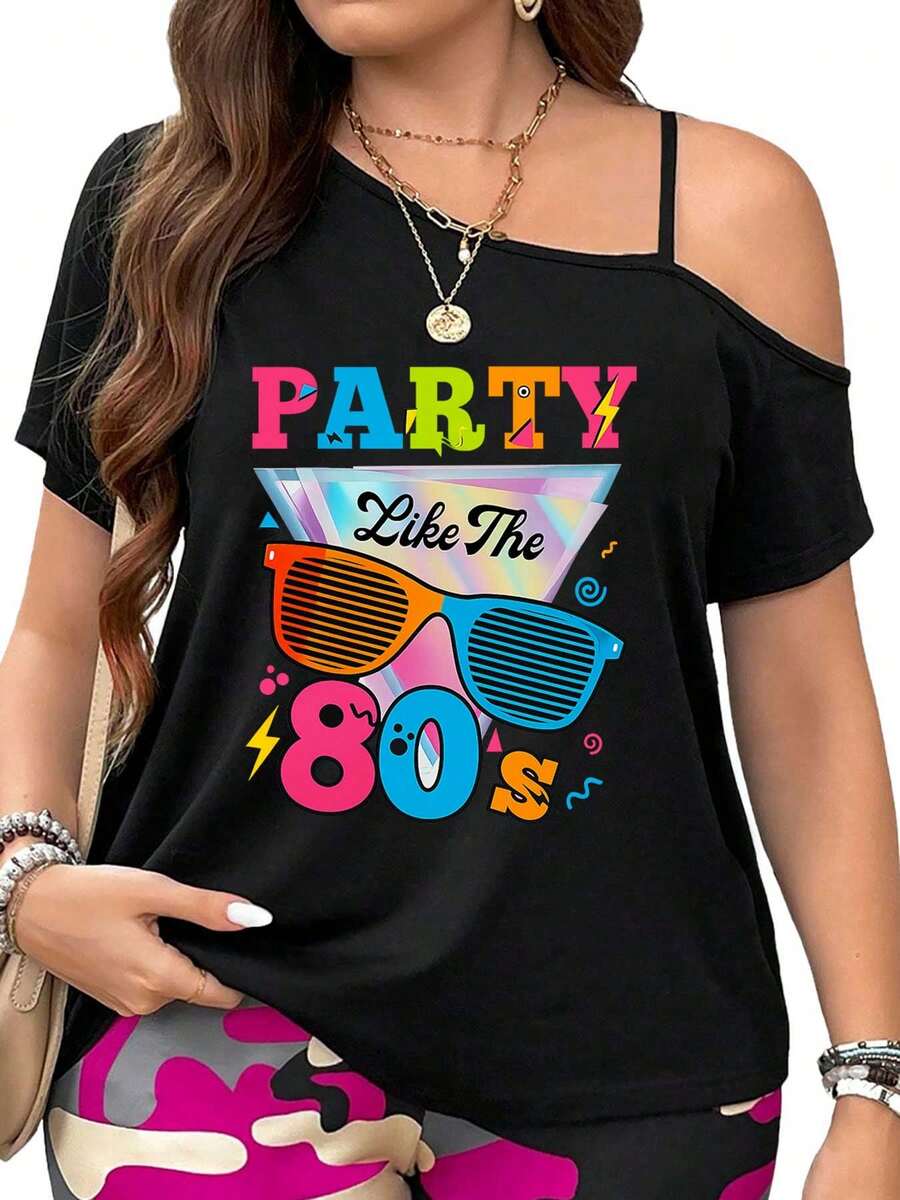 80s Party Retro Sunglasses And Neon Lights Celebration Womens Casual Tops Side Twist Knotted Tops Cold Shoulder T-Shirt - 黑色 - 查看 1