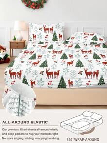 1pc Christmas Bow Reindeer Christmas Tree Print Fitted Sheet, Bedding, Fitted Sheet, Mattress Cover, Soft Comfortable Bedroom Mattress Protector, Fitted Sheet Only, Machine Washable - Multicolor - View 4