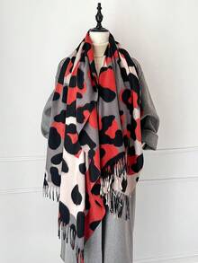 1 pieza Nuevo estilo de imitación de cachemira Chal grande con estampado de leopardo colorido y cálido, chal/manta versátil y de moda con flecos cortos para mujer, perfecto para viajar, fiestas, salas con aire acondicionado y regalo familiar para vestir en otoño e invierno - Estampado de leopardo colorido - Ver 8