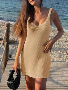 女士休闲无袖纯色轻薄度假罩衫迷你连衣裙，夏季沙滩 - 杏色 - 查看 5