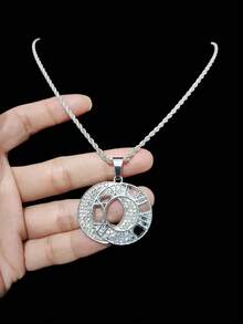 1pc Fashion Creative Roman Numeral Pendant With Alloy Rhinestone Cuban Chain, Unisex Hip-Hop Punk Necklace, Suitable For Daily Wear, Valentine's Day Gift, 2 Chain Options - Silver - View 6