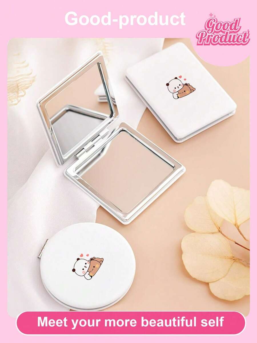 Cartoon Bear Folding Compact Mirror, Magnetic Closure Handheld Folding Makeup Mirror, Ultra-Thin Portable