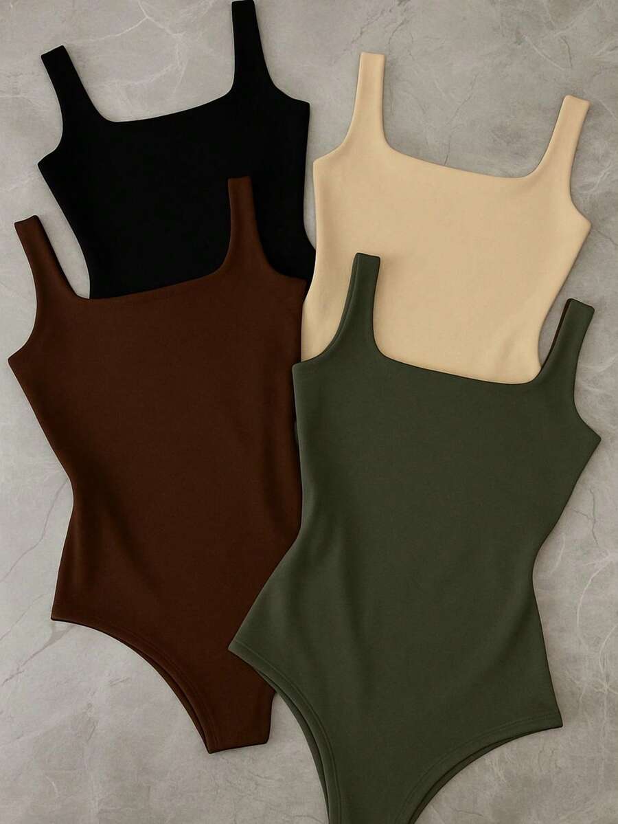 Kit 4 Bory Bodi Leotard Tank Top Thick Strap Casual Second Skin Fashion Women's Female P M G GG - đen/nâu/nude/xanh lá cây - Xem 1