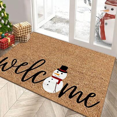 1 件装经典简约圣诞雪人雪花图案门垫 - 冬季节日装饰，可机洗涤纶仿羊毛材质，适合门廊和露台，营造冬季仙境氛围，圣诞装饰/家居装饰，房间装饰，圣诞家居装饰