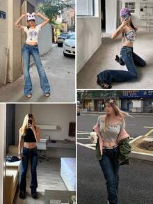 Valentine's Day Women's Flare Jeans Y2K 90s Bootcut Mid Rise Vintage Pants Denim Pants Bell Bottoms Spring Clothes - Rửa trung bình - Xem 5