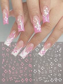 3D 芙蓉花指甲贴纸夏季装饰粉白花朵指甲贴热带叶子滑块美甲箔（2 件） - 彩色 - 查看 3