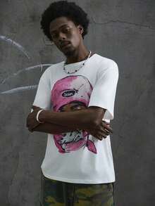 Manfinity  Camiseta de gran tamaño con estampado completo (cuello ancho) - Fabricación por encargo - Albaricoque - Ver 9