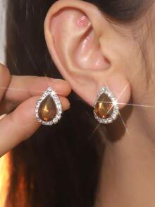 復古淚滴水晶水鑽耳環釘狀首飾適合女士1對 - 銀色 - 查看 14