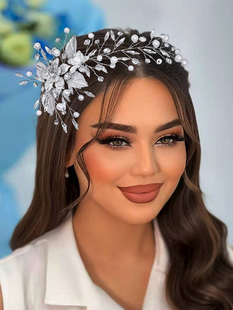 1pc Elegant Women's Headpiece, Alloy Flower Faux Pearl Rhinestone Headband, Bridal Headpiece, Women's Hair Accessory, Western Wedding Hair Decor, Photography & Daily Wear Accessory, Silver Hair Accessory, Spring/Summer
