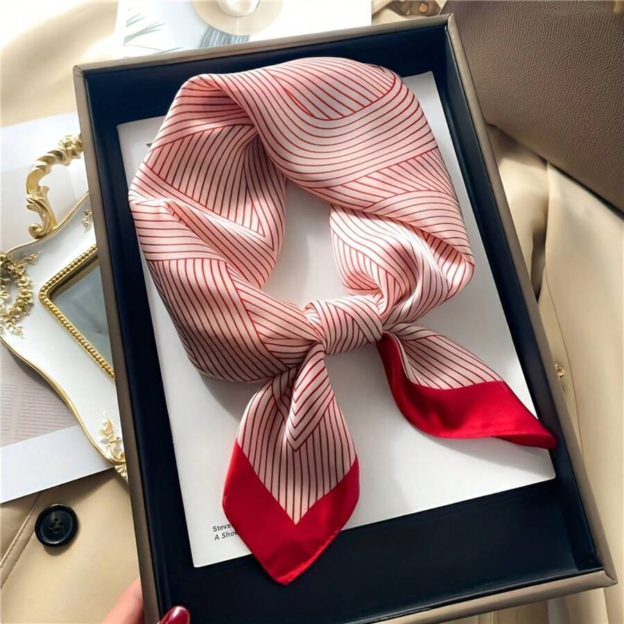 Elegant Red & White Striped Square Scarf – Lightweight Polyester, Versatile Neck Wrap, Headscarf & Fashion Accessory For Women, Stylish Casual Weekend Scarf, Sophisticated Texture, Perfect For Daily Wear, Parties, Travel, Soft Comfortable Fabric - 紅色 - 查看 1