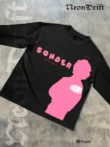 NeonDrift Double-Sided Printing Halloween, Christmas, Thanksgiving Gifts-Bold 'SONDER' Graphic Long Sleeve T-Shirt - Futuristic Pink Silhouette Design For  Urban Outfits, Perfect For Streetwear Enthusiasts And Fashion-Conscious Individuals, Featuring Unique Typography And Artistic Vibes - 黑色 - 查看 2