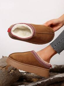 女士毛绒厚底拖鞋，秋冬新款人造保暖内衬套脚坡跟凉鞋，时尚百搭，蓬松拖鞋 - 棕色 - 查看 7