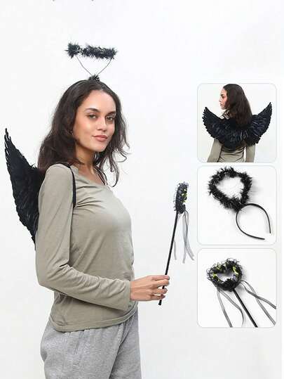 3Pcs Angel Wing Set For Halloween, Halo Headband & Magic Wand With Feather Wings, Girls Fairy Costume Dress Up, Christmas Party Photo Prop