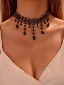 1pc Gothic Style Spider Web Lace Trim Black Crystal Tassel Necklace - Black - View 6