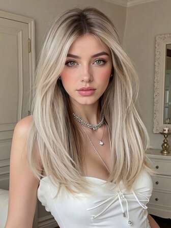 Peluca larga recta con flequillo de 16 pulgadas Peluca Ombre Sintética resistente al calor para mujeres y niñas, para uso diario y de fiesta