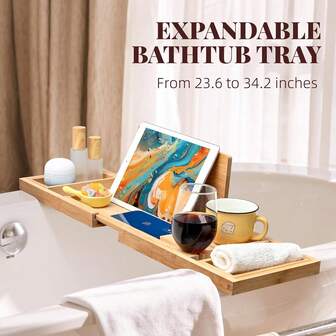 Premium Bamboo Bathtub Caddy - Spa Organizer With Non-Slip Grooves & Foldable Design, Bathroom Accessories, Mother's Day Gift Idea, Storage Solution For Relaxing Baths