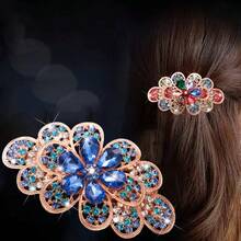 1 pieza Clip de pelo con decoración de cristal elegante estilo coreano, accesorio de pelo con pinza de primavera con estampado de flores elegante de aleación de zinc, adecuado para trabajo, viajes, fiestas, compras, citas, salidas, accesorio esencial, pinzas de garra