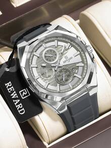 REWARD Men's Quartz Watch Business Fashion Style Timing Calendar Luminous Hands Multi-Functional Men Wristwatch High Quality Gift Classic Design Silicone Watch Band - Black - View 8