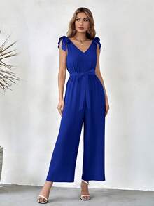 Jumper Para Dama Unicolor Con Cinturón,Elegante Mono Casuales De Pierna Ancha De Cuello V Con Abertura En La Espalda - Azul - Ver 1