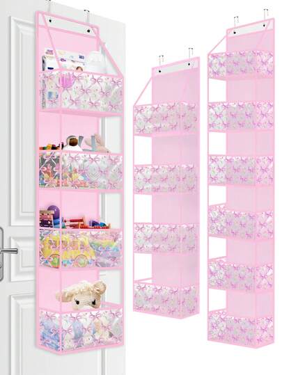 1 st 4/6-hylla över dörren med 2 krokar, stor kapacitet non-woven vägghängande förvaringspåse med genomskinliga PVC-fickor, förvaring bakom dörren med rosett, tulpanmönster för sovrum, barnrum, tvättstuga, skafferi, badrum. (Rosa)