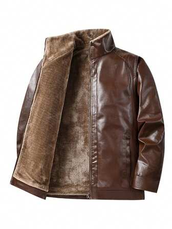 2025 Autumn/Winter Men's Casual Motorcycle Leather Jacket, New Versatile Stand Collar Thermal Lined Thick Outerwear