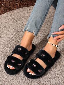 Pantofole da donna per la casa in tessuto con fiocco ricamato, indossabili in tutte le stagioni, con suola piatta e interno in peluche, pantofole da interno per pavimento di casa - Due strisce nere - Visualizzare 11