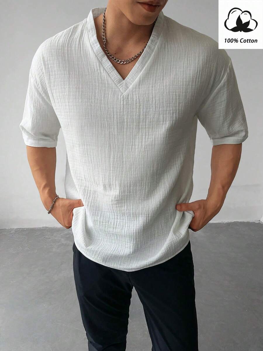 100% Cotton Men's Casual V-Neck Short Sleeve T-Shirt , Fall