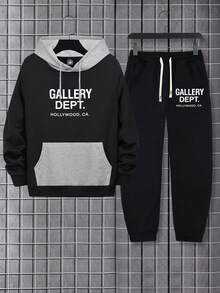 Men's Spring/Autumn Letter Print Contrast Color Hoodie And Drawstring Waist Pants Set, Fashion Sportswear Casual Outfit For Commuting, Work, Fishing, Camping, Gym
