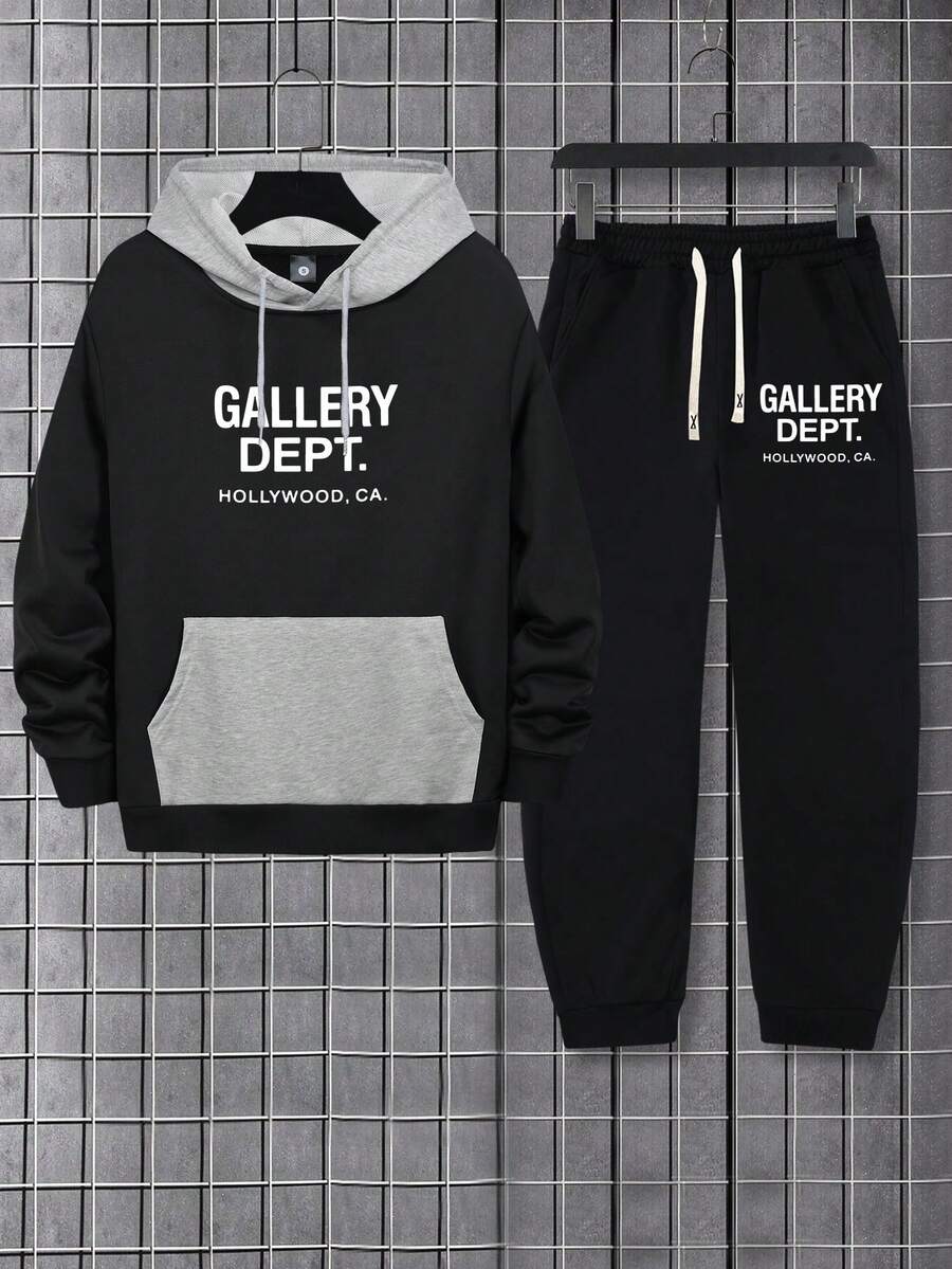 Men's Spring/Autumn Letter Print Contrast Color Hoodie And Drawstring Waist Pants Set, Fashion Sportswear Casual Outfit For Commuting, Work, Fishing, Camping, Gym