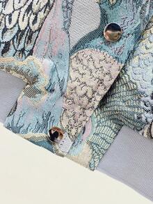 Chaqueta bomber con bordado jacquard de flores y pájaros | Chaqueta casual de corte holgado con estampado retro todo sobre todo de animales con cremallera para vacaciones