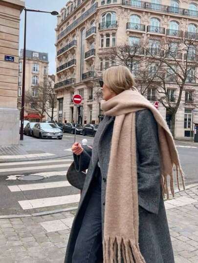 1pc Solid Color Scarf, Winter Warm Neck, Thickened Wool Knitted Thick Fringed Shawl, Winter Scarf