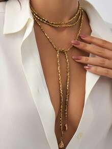 1 件奢华闪亮 CBB 仿金属串珠长项链，个性化金属圆盘流苏吊坠项链，适合女士，适合派对、礼物和日常佩戴 - 金色 - 查看 7