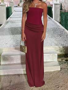 Vestido de verano WOWDARK, rojo vino, elegante vestido de fiesta con parches de satén ajustado y sin tirantes, adecuado para el Día de San Valentín, citas, reuniones, fiestas, viajes, vacaciones, playa y talla grande - Burdeos - Ver 13