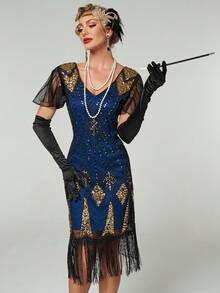 1920s Vintage Flapper Dress Short Sleeve Fringed Cocktail Party Dress - Blue - View 2